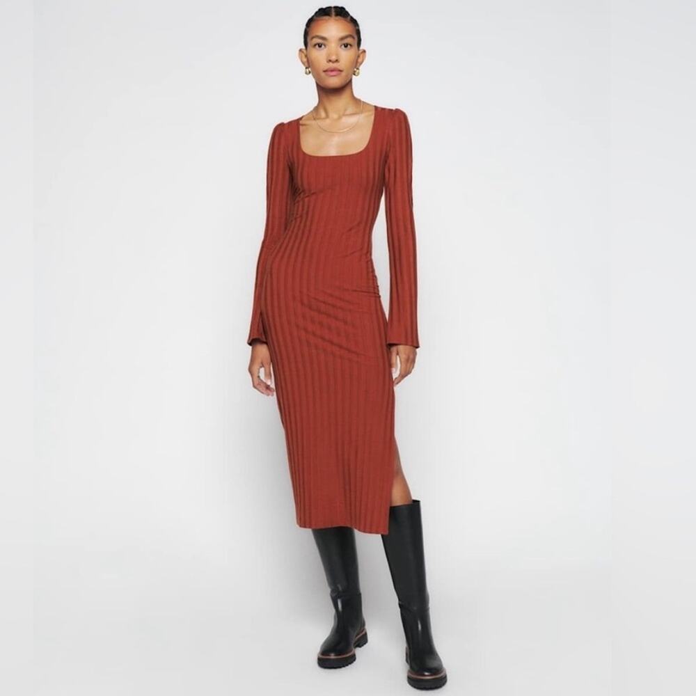 Reformation Clint Ribbed Bodycon Bell Sleeve Midi Dress in Oxide Women's Small